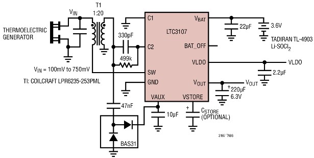 面向较高 VIN 应用的热能收集器,使用外部整流器-凌力尔特(linear)-21ic中国电子网